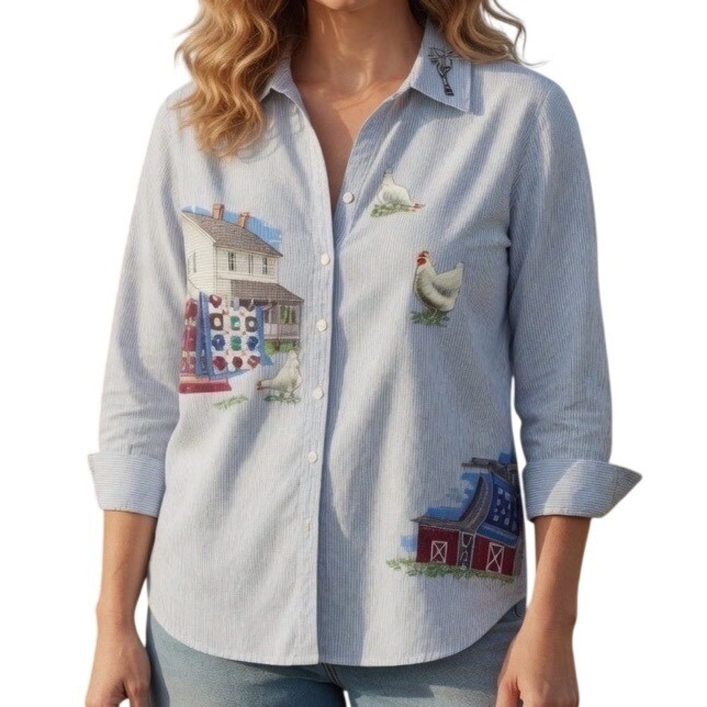 Las Olas Womens Striped Farmhouse Chicken Graphic Button Down S Farm Cottagecore